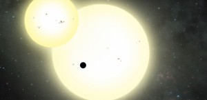 The Kepler-1647b planet and secondary star transiting the primary star.